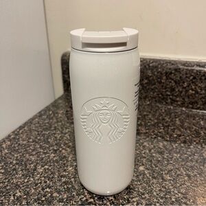 Starbucks White Embossed Siren Travel Tumbler shimmery of white 12oz NWT